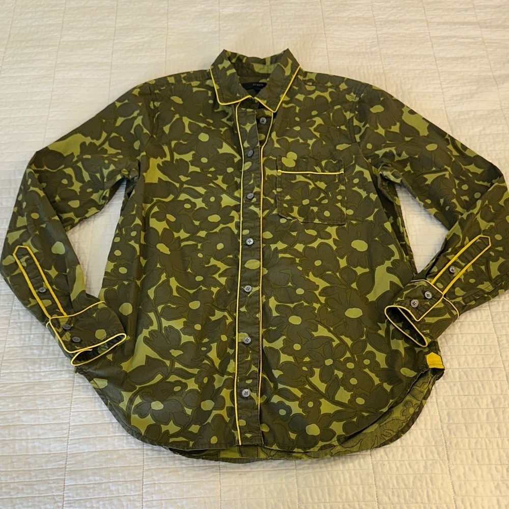 J. Crew XXS Button Down Collar Long Sleeve Shirt Green Floral Yellow Piping - Picture 2 of 9
